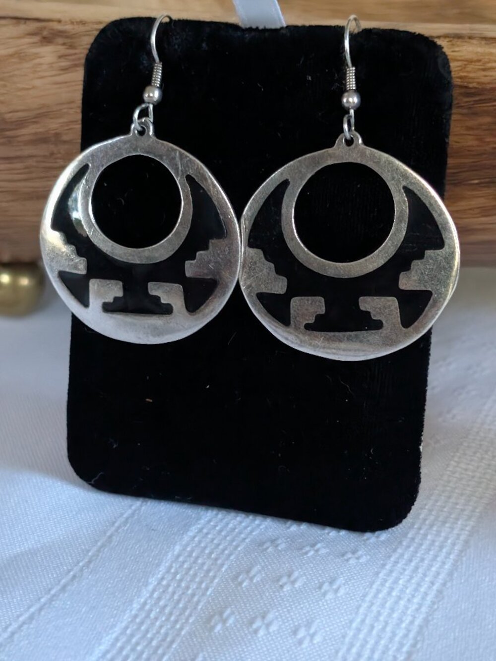 Vintage Alpaca Silver Inlay Earrings Large 1.5" Drop Dangle